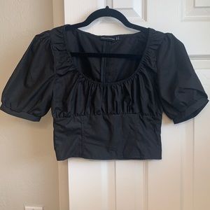 Petite black puff sleeve cropped blouse
